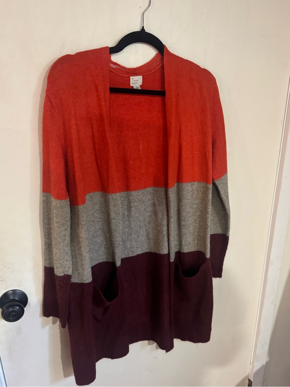 A New Day Colorblock Long Cardigan Rust Gray Burgundy Size Small